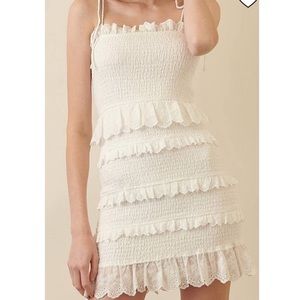 Storia White Smocked Eyelet Ruffle Mini Dress